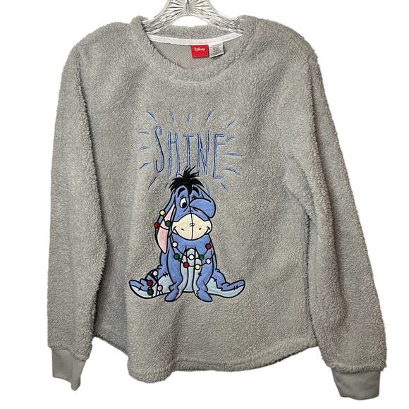 Disney Sweaters - Disney Eeyore “Shine” Gray Sherpa Fleece Holiday Pullover Sweater Size Medium